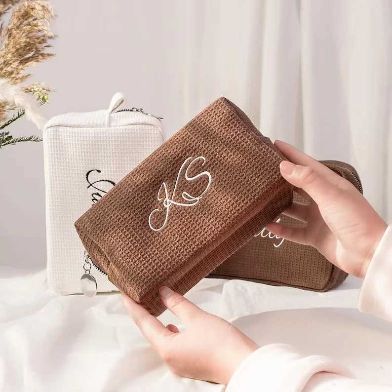Embroidered Personalized Waffle Cosmetic Bag Custom Name Toiletry Bag Initials Makeup Bag EcoFriendly Monogram Makeup BagXJ250910