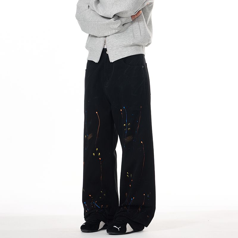 Men's Jeans Unisex Autumn American High-Street Trendy Brand Splatter-Print Wide-Leg Straight-Leg Floor-Grazing Jeans - Edgy Cool Loose Fit
