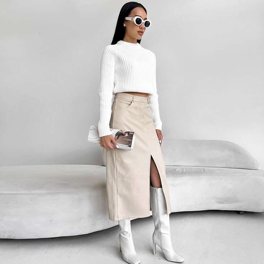 Fleece-Lined PU Leather Skirt With Split Design For Women, New Autumn/Winter Collection B3