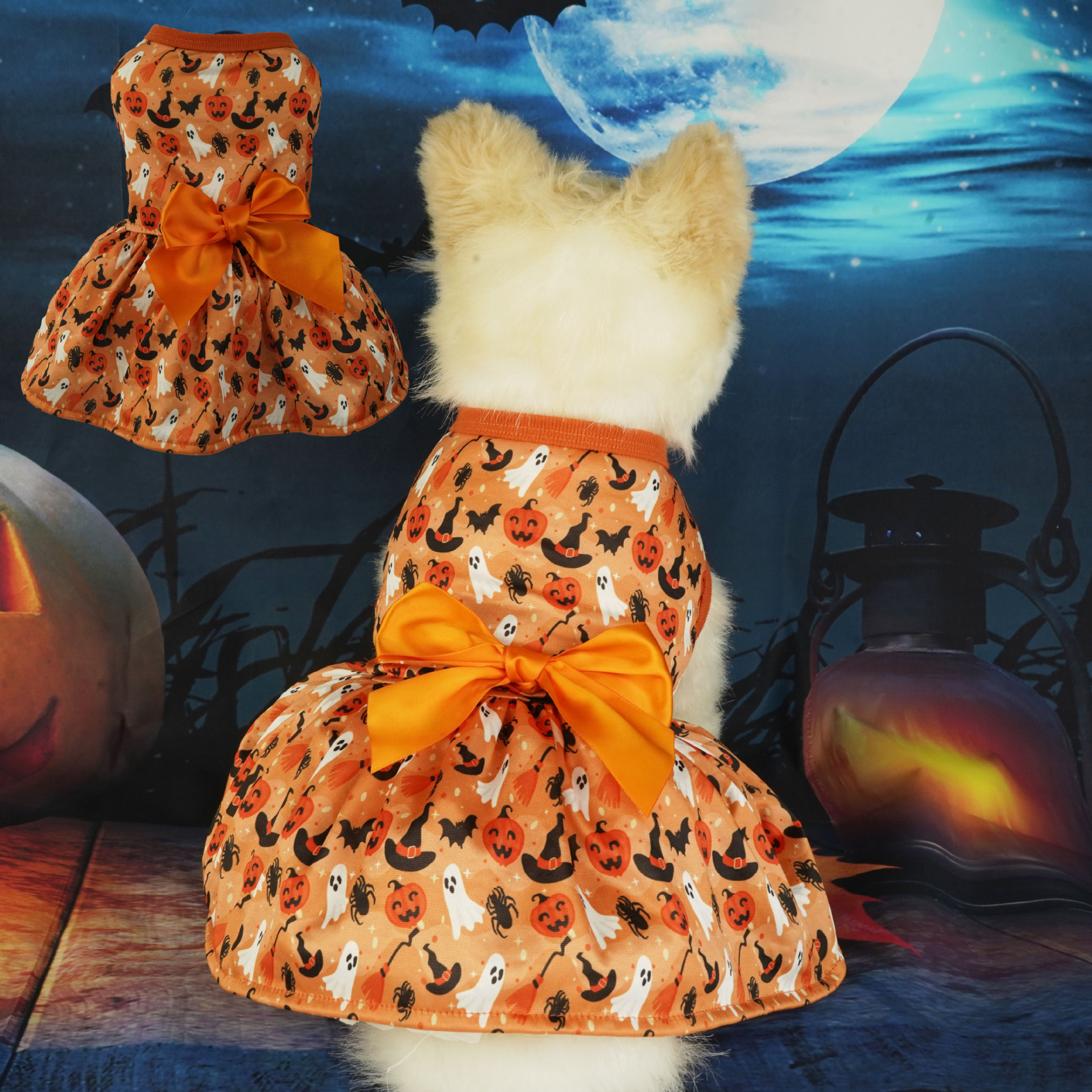 Halloween Dog Dress, Cotton Pet Apparel with Pumpkin Ghost Bat Spider Print & Big Orange Bowknot, for Dogs 2-14kg, Perfect for Halloween Parties, Tric