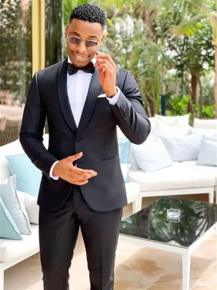 Handsome Black 2 Pieces Mens Suits Slim Fit Wedding Grooms Tuxedos Shawl Lapel Formal Blazer Long Sleeves Prom JacketPants W250910