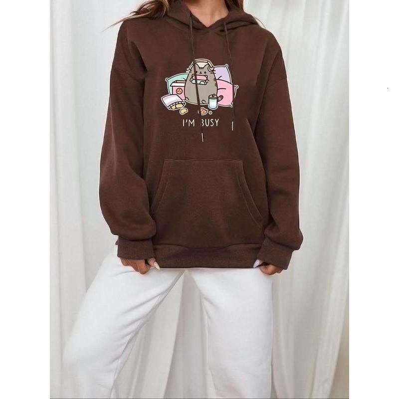 Women's Cartoon Cat Letter Print Drop Shoulder Hoodie, Fashion Casual Drawstring Pocket Hooded Sweatshirt Daily Holiday Outdoor Wear, Ladies Clot