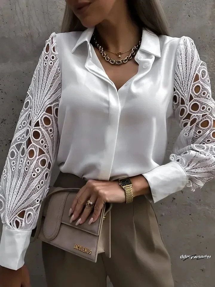 White Sexy Lace Hollow Out Women Blouse Autumn Spring Black Top Vintage Button Up Shirts Long Sleeve Tops 250401