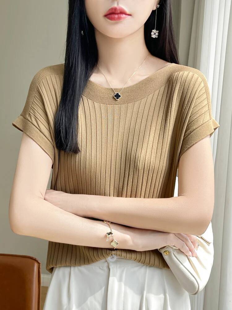 2025 Fashion Slash Neck Women Ice Silk Spring Summer Knitted Sweater Loose Casual Korean Shirts Short Sleeve Knitwears dongdumaoyi