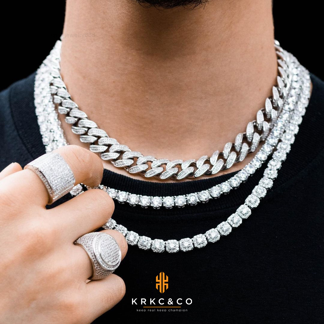 KRKC Custom Hip Hop Silver Mens Jewelry Cut Brass White Gold Plated Iced Out 5a CZ Diamond Womens Tennis Chains Necklace Sets