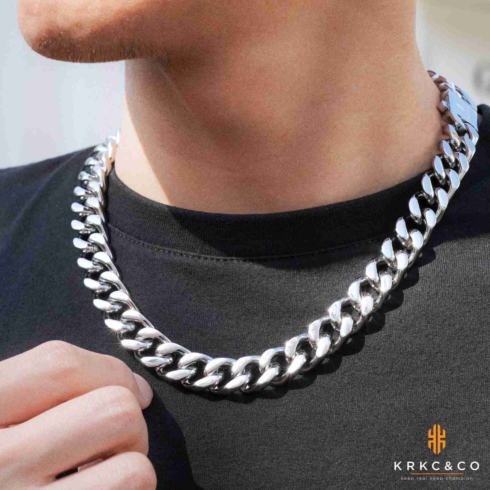 KRKC Drop Shipping New Design Buckle Clasp RTS 14mm Silver Rhodium Plated Mens Curb Cuban Link Chains