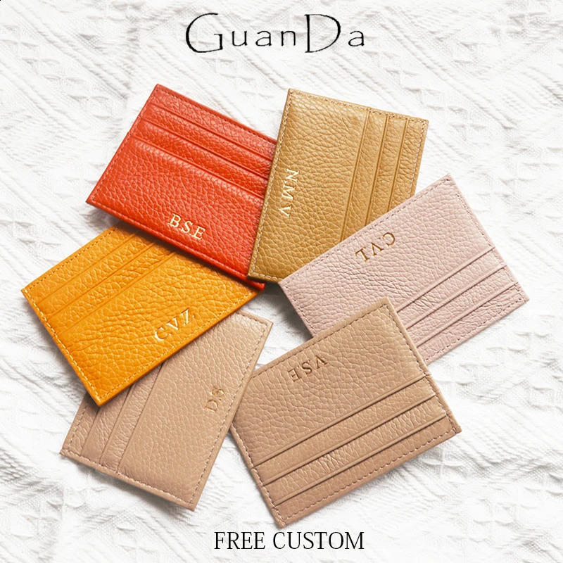 Custom Company Cowhide Card Holder Woman Man Fashion Slim Mini Card Bag Genuine Leather Engrave Name Casual Purse250906