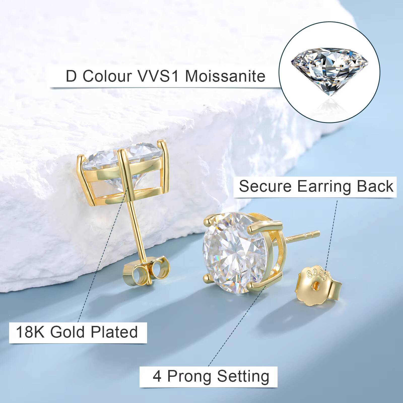 Luxury Men Women Mossanite Earrings Jewellery Gold Plated Silver 925 Pass Diamond Tester Real VVS Moissanite Stud Ear Rings
