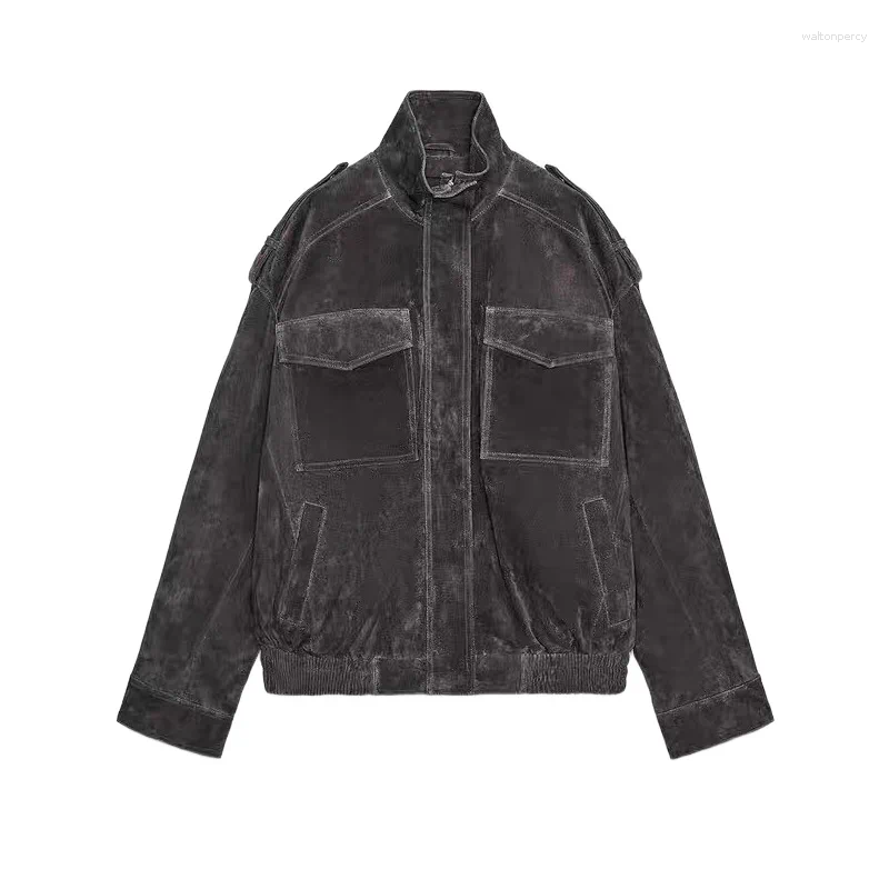 Women's Jackets Standing Collar Casual Leather Suede Texture Coats Zipper Pockets Fold Tops High Street Autumn Lady Clothes