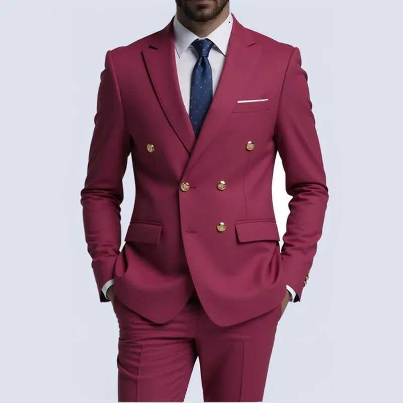 Men Double Breasted Suit Black Slim Fit High Quality Wedding Costume Party Prom Gold Button Male Suits W250910