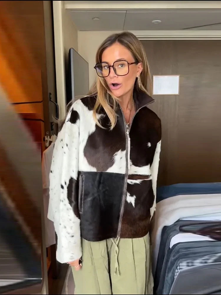 Fashion Vintage Cow Printed Jacket Women Full Sleeve Irregular Lapel Patchwork Jackets 2025 Female Autumn Daily Casual Outerwear 250910