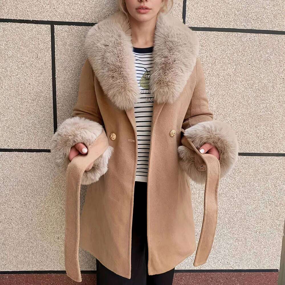 LHXDW New women's woolen coat with faux fur Fluffy fur leader Mouth women winter warm faux fur double-sided wool jacket Artificial fur