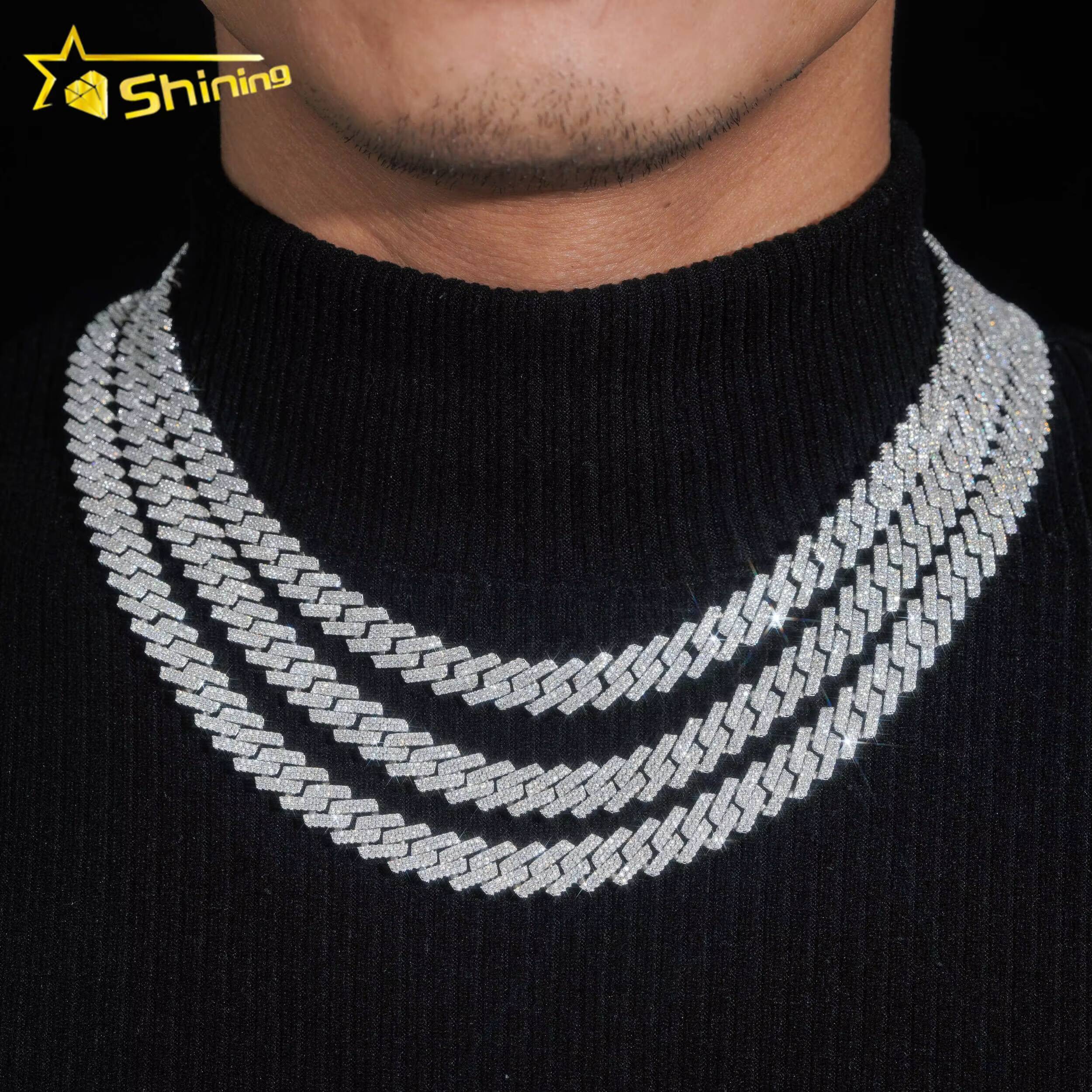 Stocks 10MM Necklace 925 Sterling Silver Gold Plated Hip Hop Jewelry VVS D Color Moissanite Cuban Link Chain