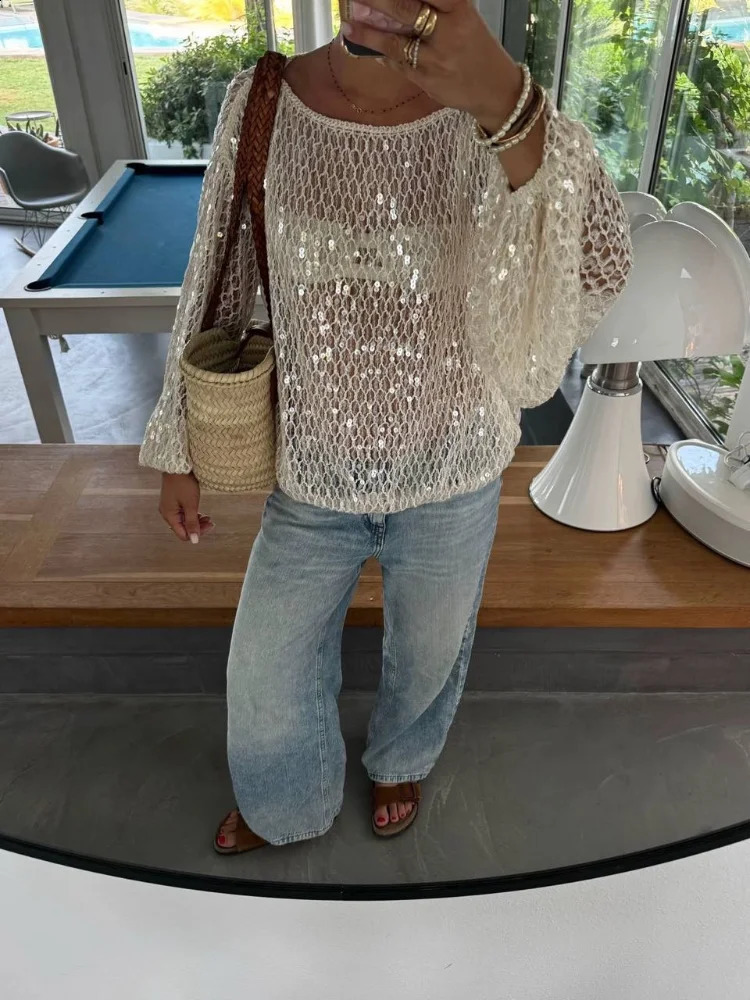 2025 Sexy Knit Sequined Women Sweater Hollow Out Oneck Long Lantern Sleeve Female Pullover Summer Elegant Lady Knitwear 250910