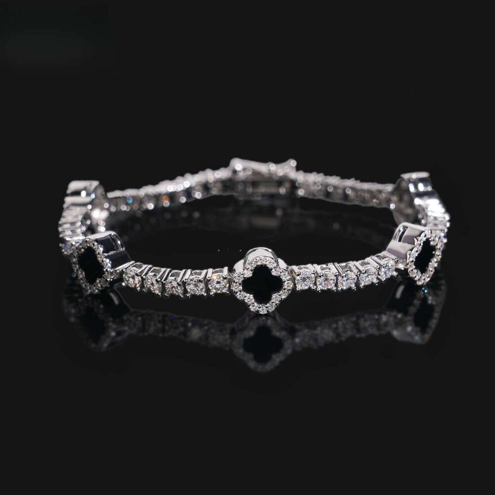 Fashion Style 3mm Iced Out Hip Hop Jewelry S Sier VVS1 Moissanite Dia Four Clover Leaf Cluster Tennis Bracelet