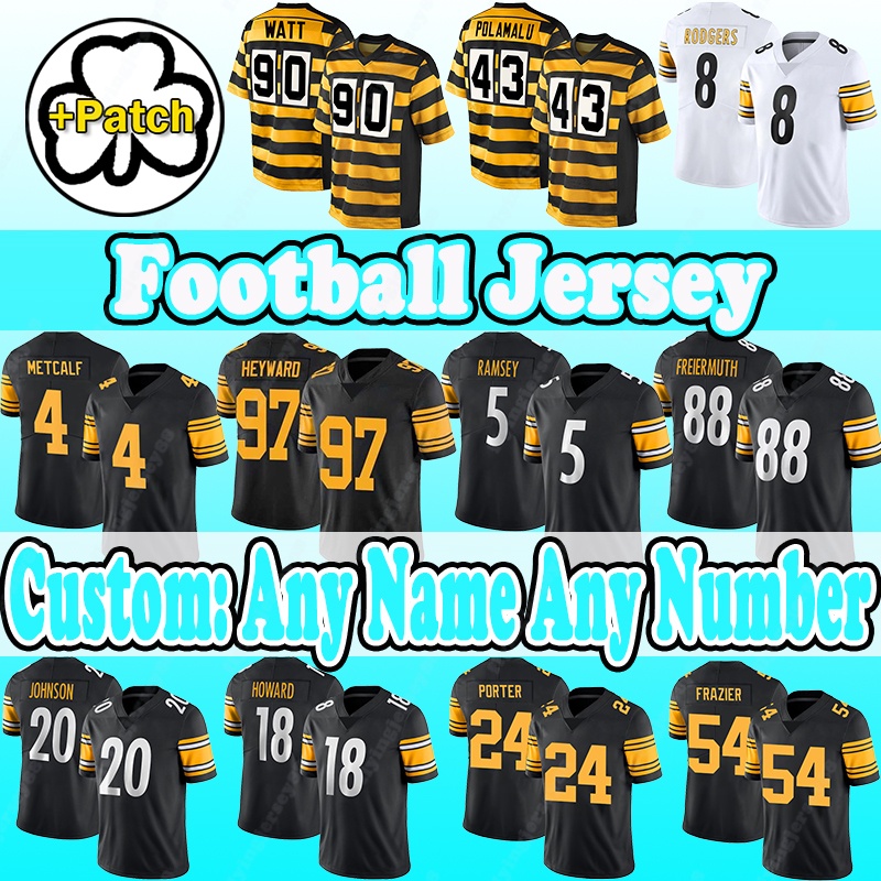 2025 New Add Patch Football Jersey 4 DK Metcalf 90 TJ Watt 8 Rodgers 99 Derrick Harmon 6 Patrick Queen 41 Payton 30 Jaylen Warren 86 Hines Ward 43 Troy Polamalu 12 Bradshaw