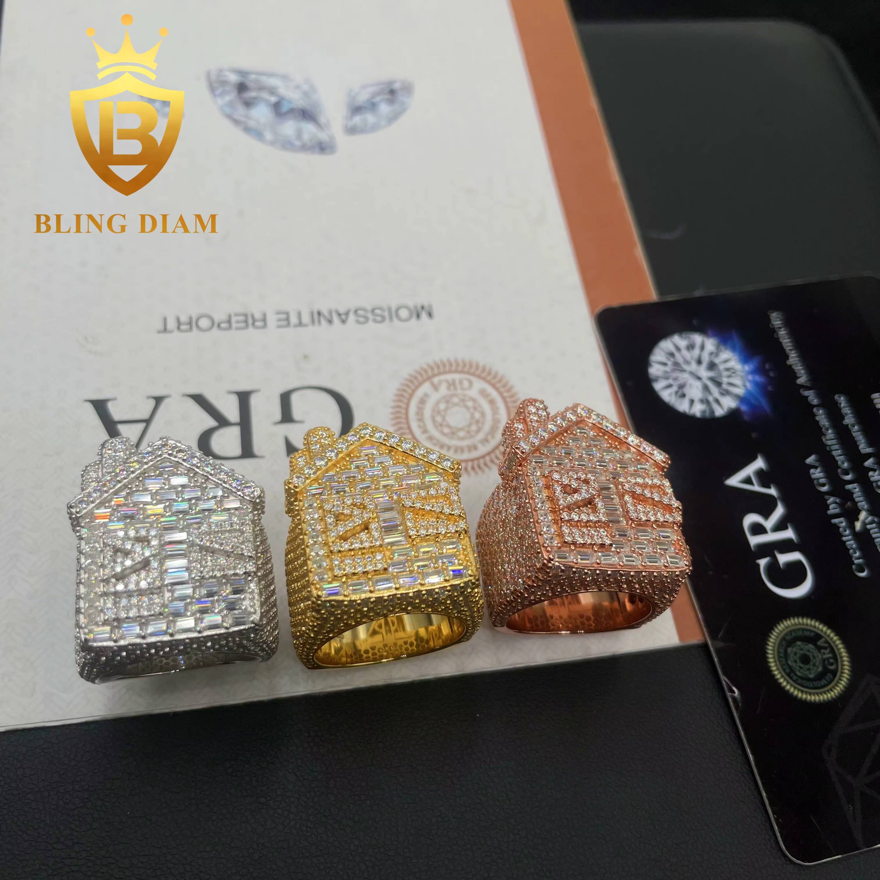 New Arrivals Custom Made House Ring 925 Sterling Silver Baguette Hip Hop Moissanite Rings Pass Diamond Tester