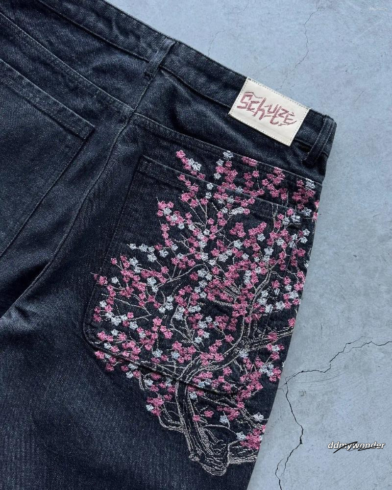 Men's Shorts Fashion Cherry Blossom Pocket Embroidery Jeans Men Women Retro Baggy Black Denim Short Jorts Hip Hop Streetwear Pants