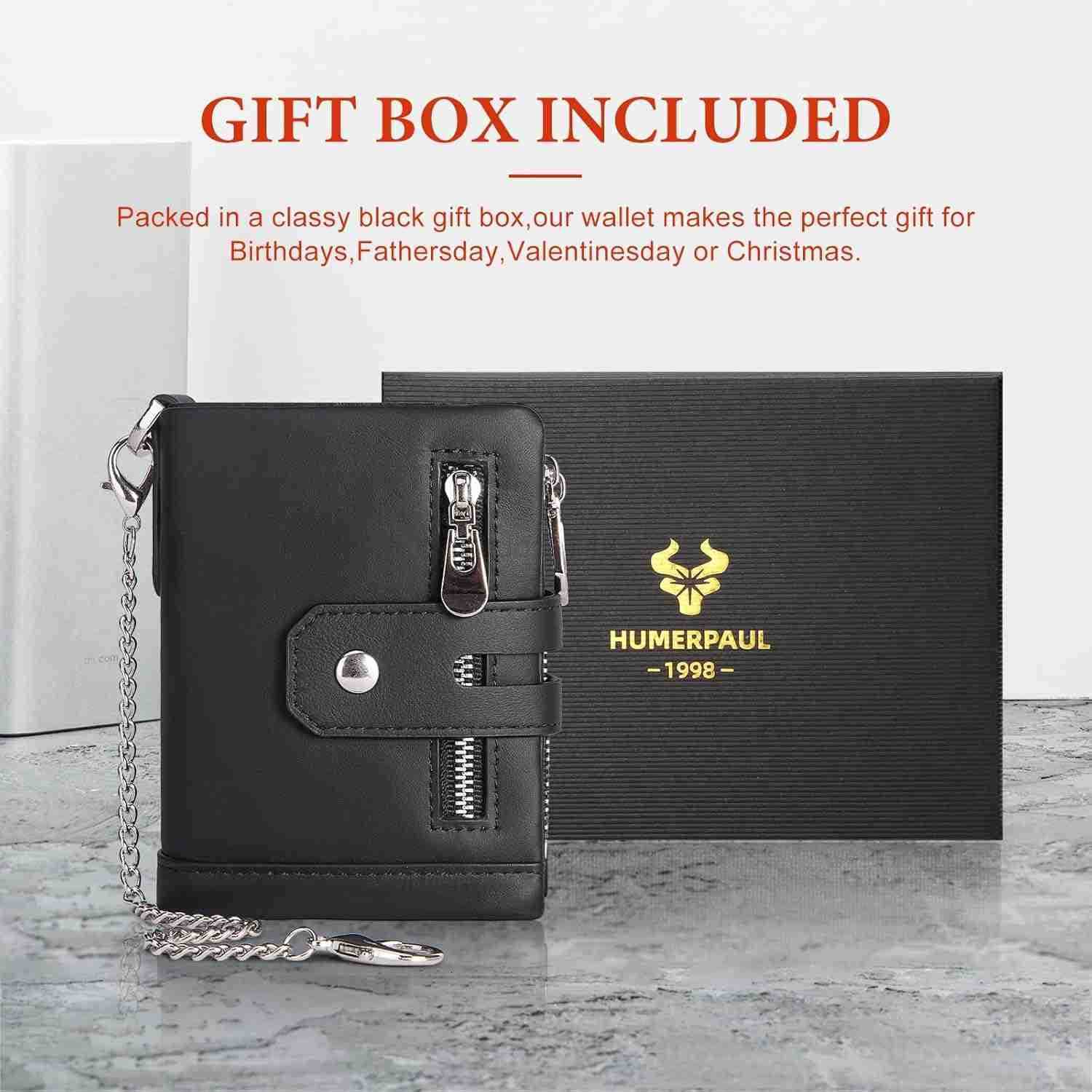 Mens Wallet with Chain RFID Blocking Genuine Leather Bifold Purse for Men with ID Window and Zip Coin PocketZ250910