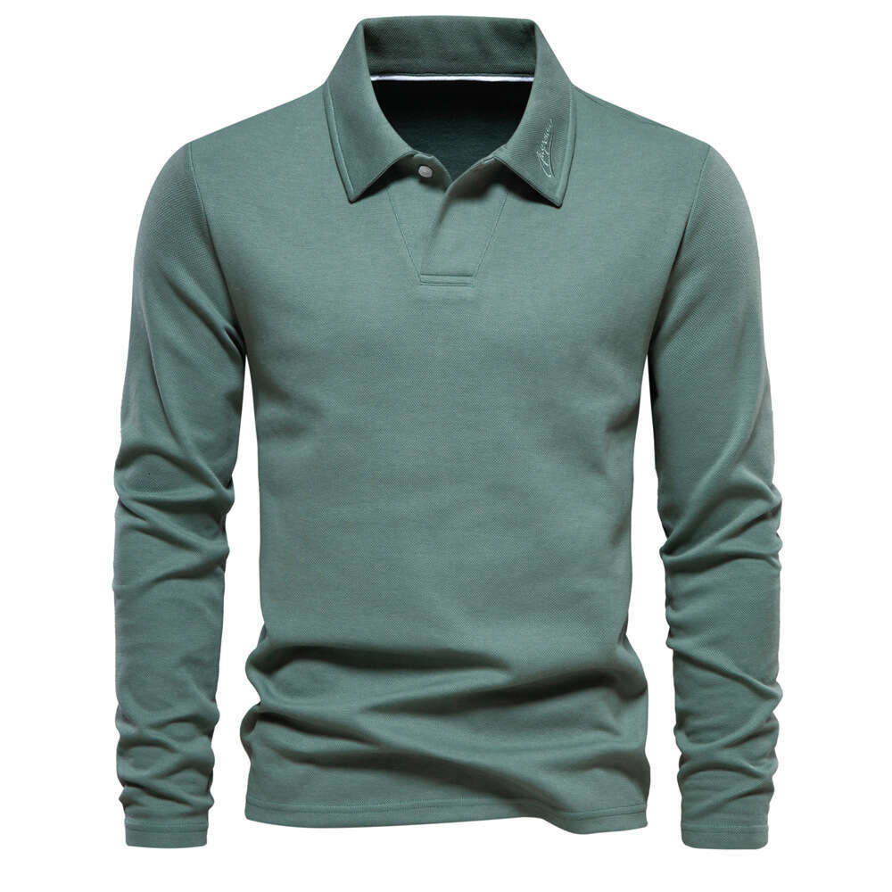 Spring Autumn New Men's Washed Long Sleeve Casual Solid Color Top with Collar, Trendy Lapel and Versatile Polo