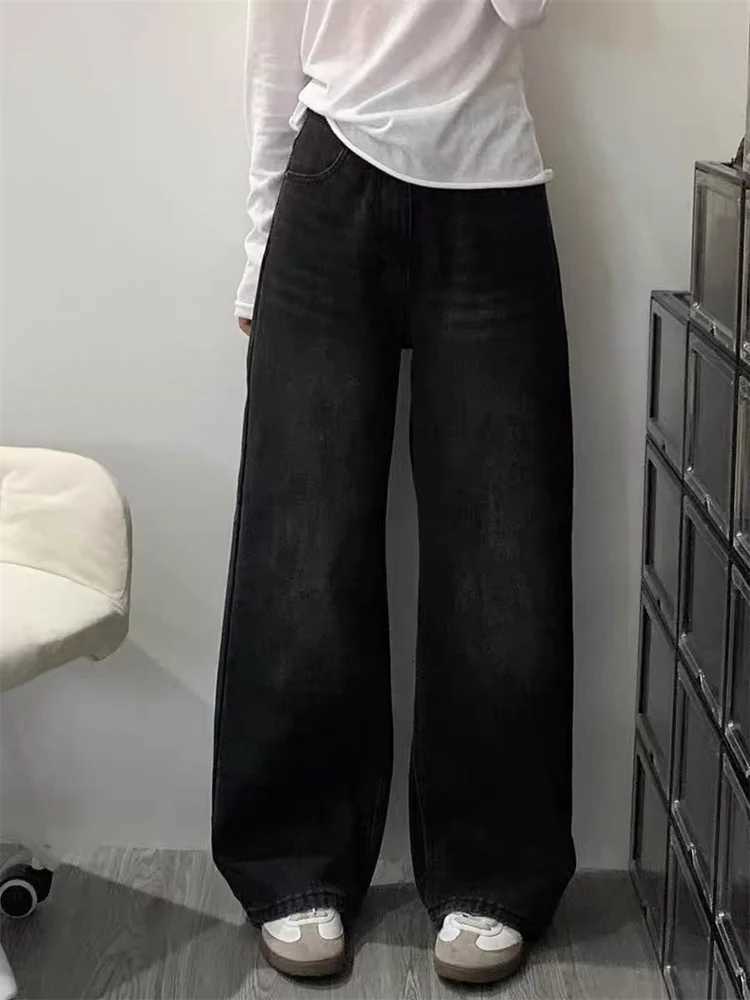Botvotee Womens American Wide Leg Jeans High Waist Black Gray Denim Pants Straight Leg Oversized 90s Long Trousers Z250910