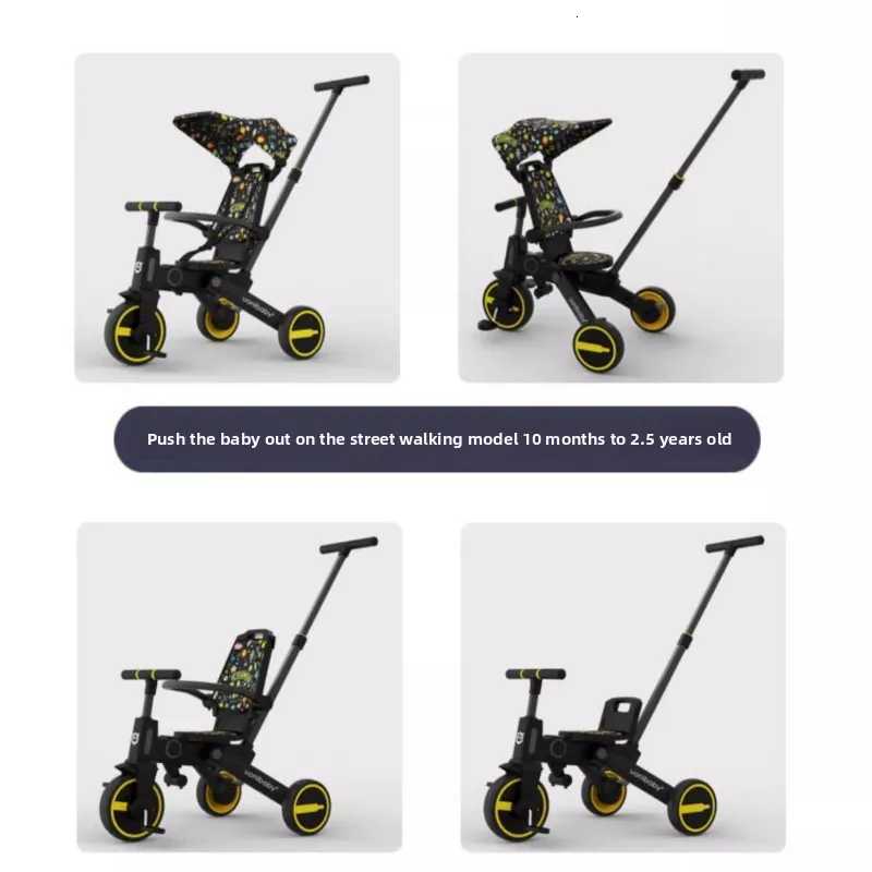 Childrens Push Tricycle Baby Pedal Tricycle with Canopy Rideable and Swivel Foldable Baby Stroller W250910