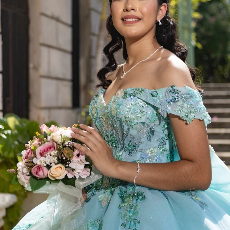 Water Blue Shiny Quinceanera Dresses Ball Gown Off The Shoulder Sequin Applique Lace Beads Bow Tull Sweet 16 Dress Vestidos 15 De Anos