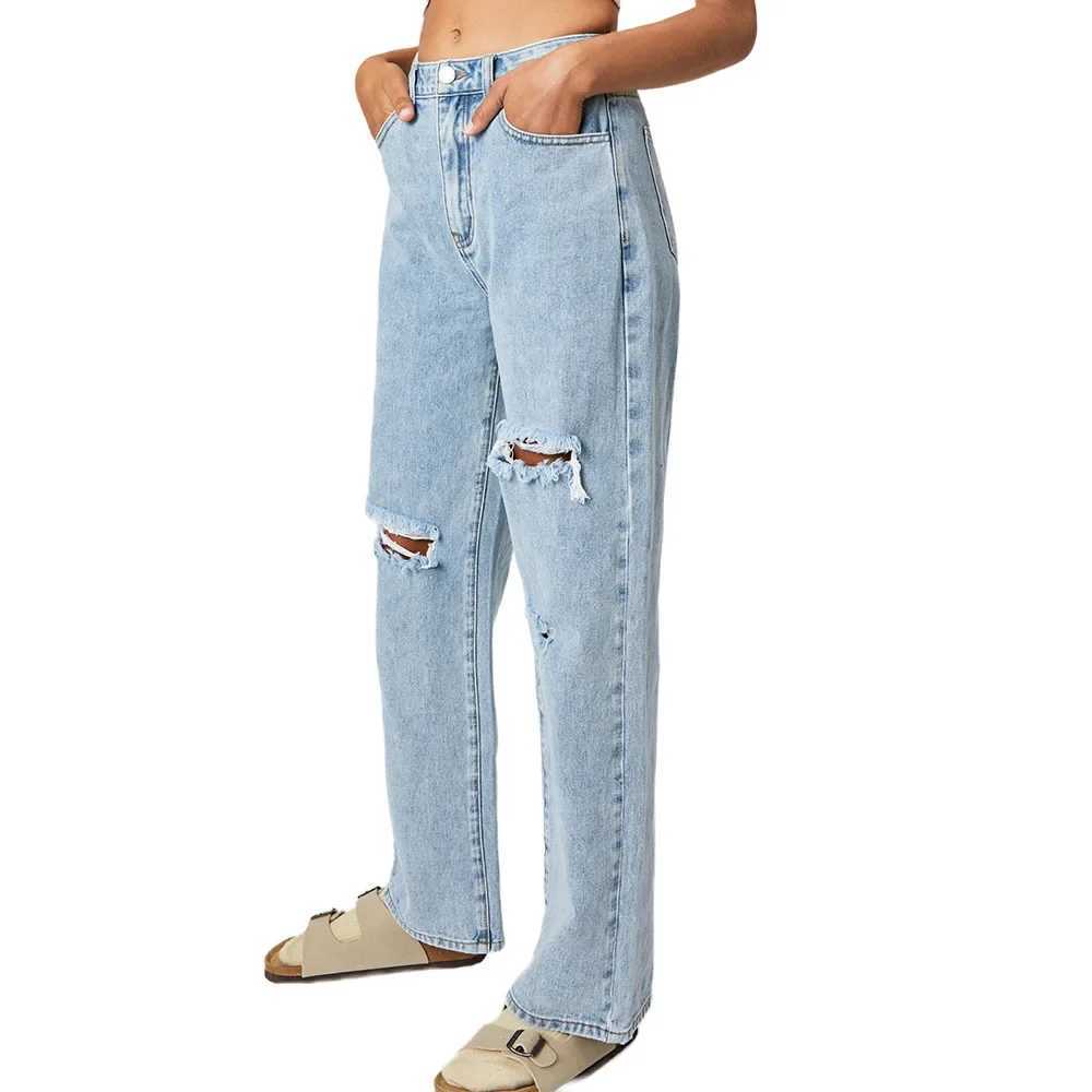 Straight Pants Women Streetwear Hole Jeans High Waist Ripped Washed Pockets 2025 Vintage Basics Ankle Length Trousers Denims Z250910