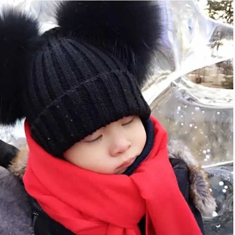 Two Pompom Fur Hat Baby Boy Girl Knitted Beanie Hat Winter Hat For Kids Children Double Real Natural Fur Pom HatXJ250910