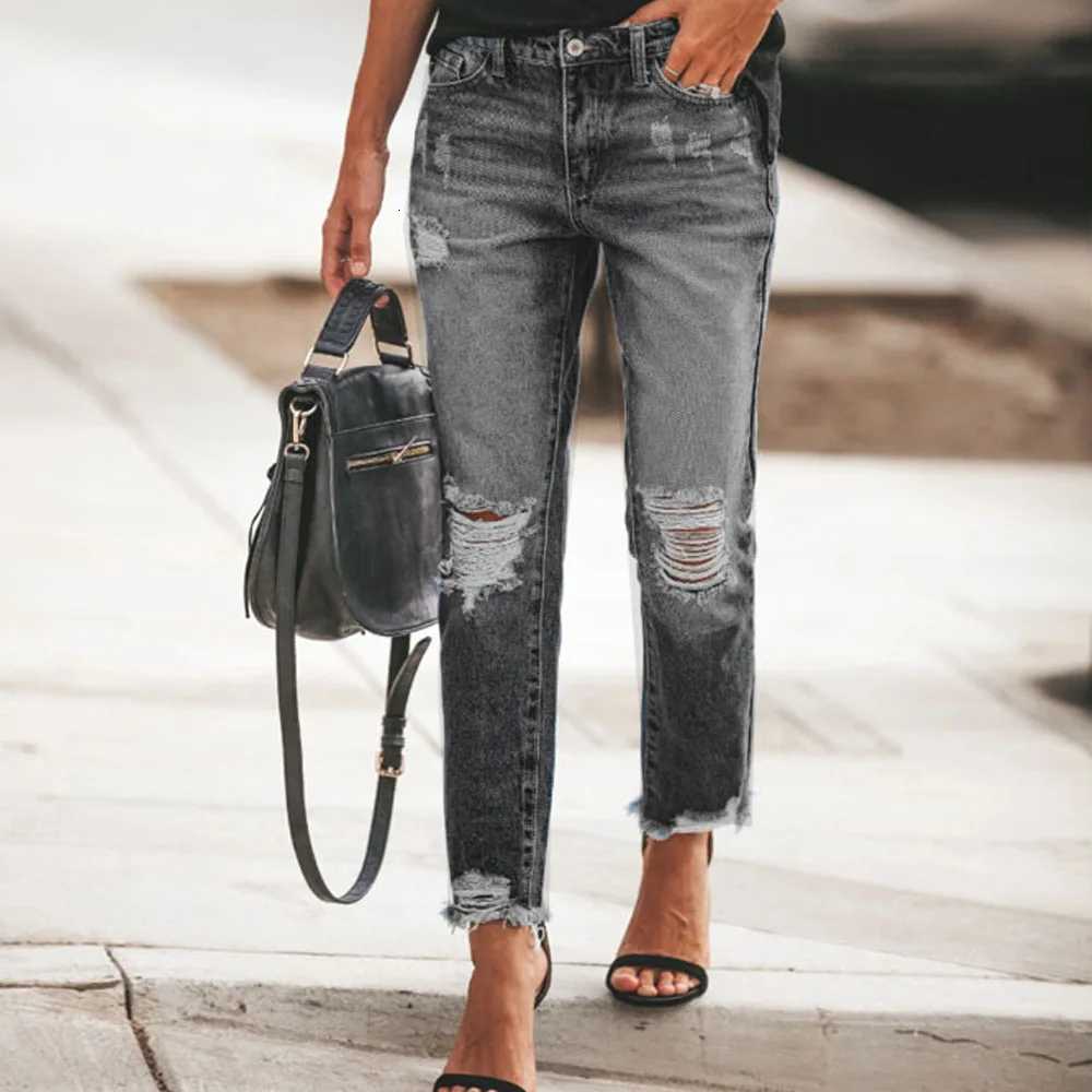 Europe and the United States selling new womens holes without elastic retro temperament fashion casual denim pants Z250910