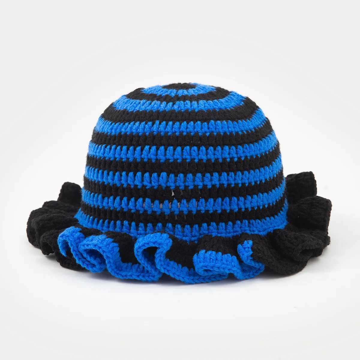 Lotus edge pleated striped color blocked pure handmade knitted hat for men and women autumn and winter warm woolen hatXJ250910
