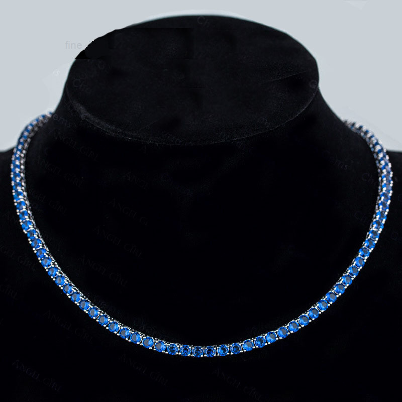 4mm18inch 4 Prong Blue Moissanite Hiphop Tennis Chain Necklace