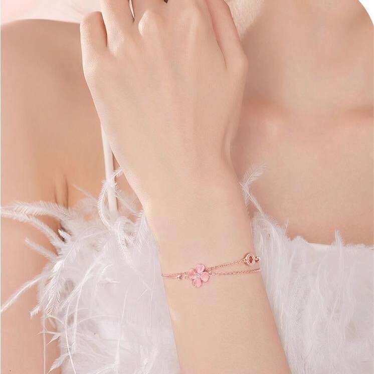 Pink Dia Four-Leaf Clover Women Heart-Shaped Cat's Eye Stone Double-Layer Bracelet Fresh Sweet Ins Style Summer Jewelry for Girls