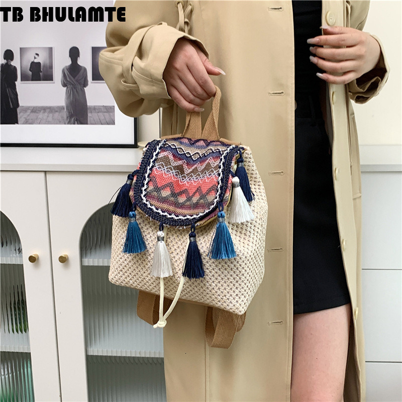 Free Shipping Designer Bag Ethnic Style Cross-border Backpack For Women 2025 New Wholesale Woven Vintage Bag Fashion Luxury Bag Color-block Casual Tra