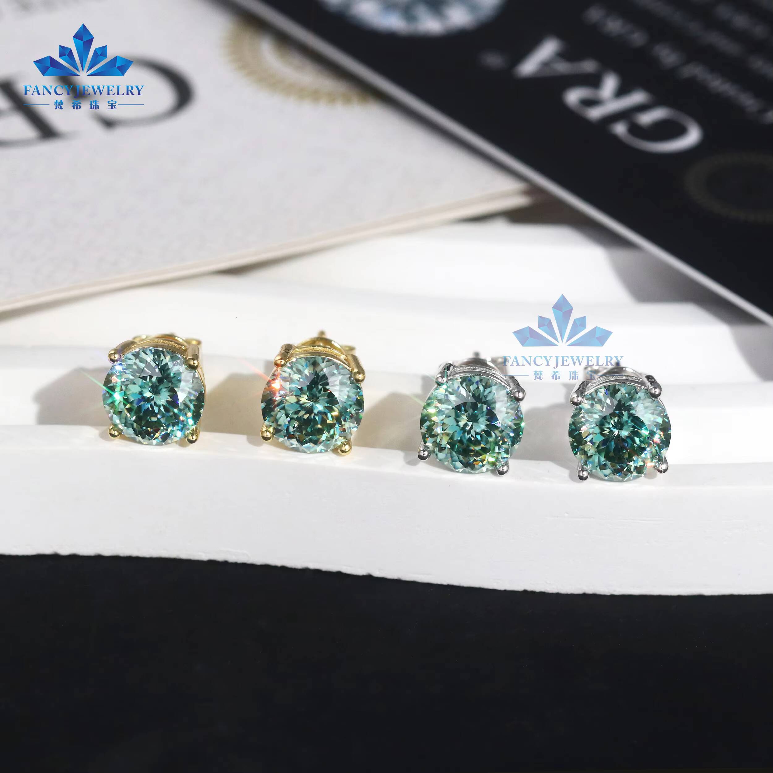 High Quality 925 Sterling Silver Gold Plated 8MM Portuguese Cut Bluegreen Moissanite Stud Earring for Gift Party