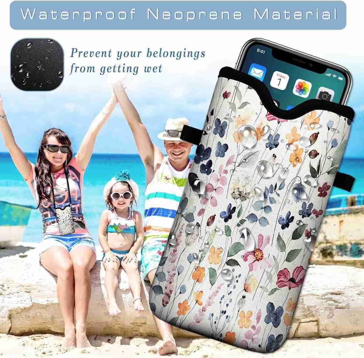 Neoprene Cell Phone Pouch 71 X 4 in Mobile Protection Case Bag with Crossbody StrapNeck Lanyard Luxury Flowers Leaf Printed Pattern Z250910