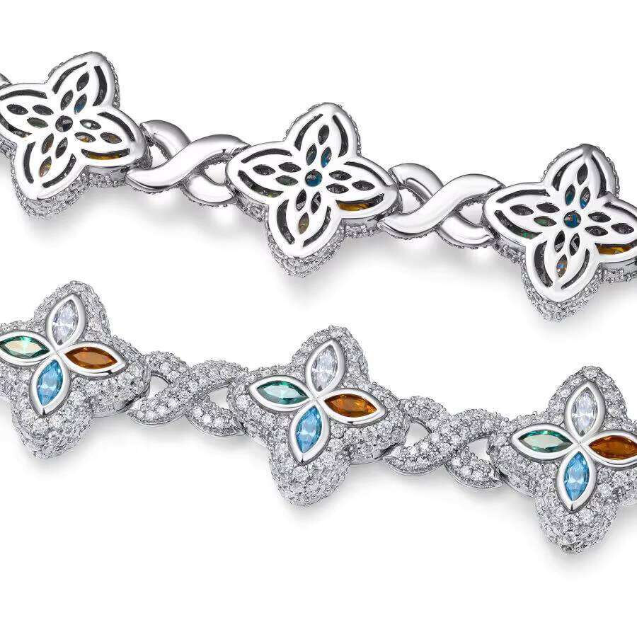 Fashionable Sier Chain Bracelet with Moissanite & Four-Leaf Clover Design - Stylish Hip Hop Gift for Birthdays, Unisex