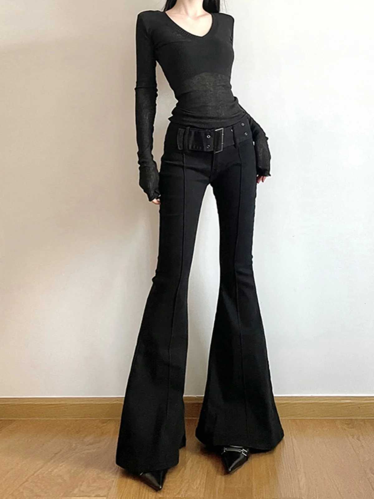 Womens BlaCK Jeans Flare Pants Y2k RETRO Emo 2000s Streetwear Fashion Trousers Harajuku Wide Pants 90s AesTHetic CloTHes Z250910