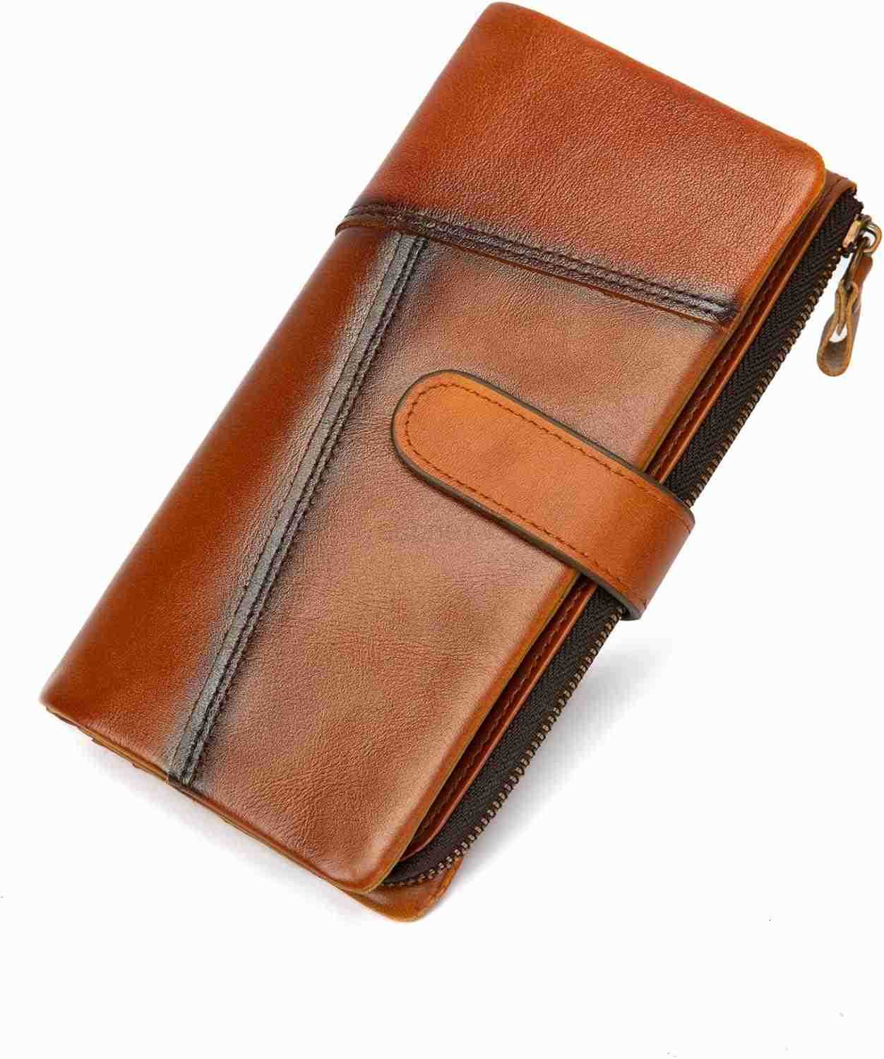 Genuine Leather Long Wallet for Women Vintage Checkbook Wallets with RFID Blocking Card Holder Coffee colorZ250910