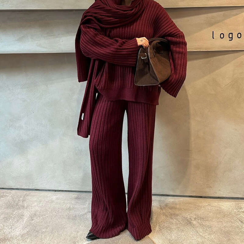 Fashion New Lazy Loose High-End Knitted Sweater With Scarf Set For Women B3