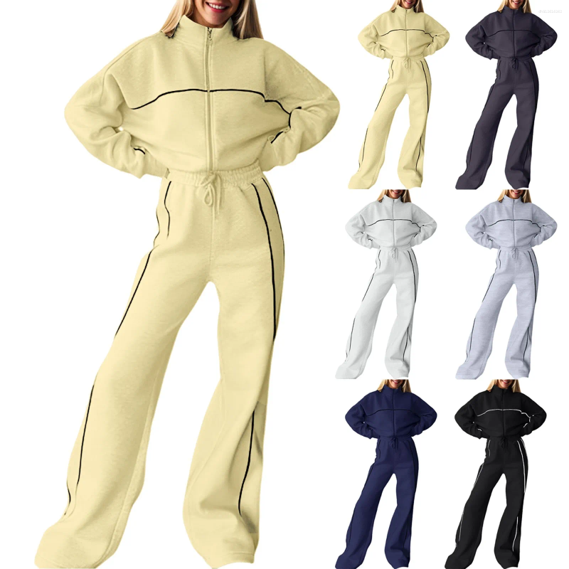 Women's Two Piece Pants Sport Stripe Sweatshirt Set Women Stand Collar Long Sleeve Elastic Waist Pant Sets Female 2025 Autumn Winter