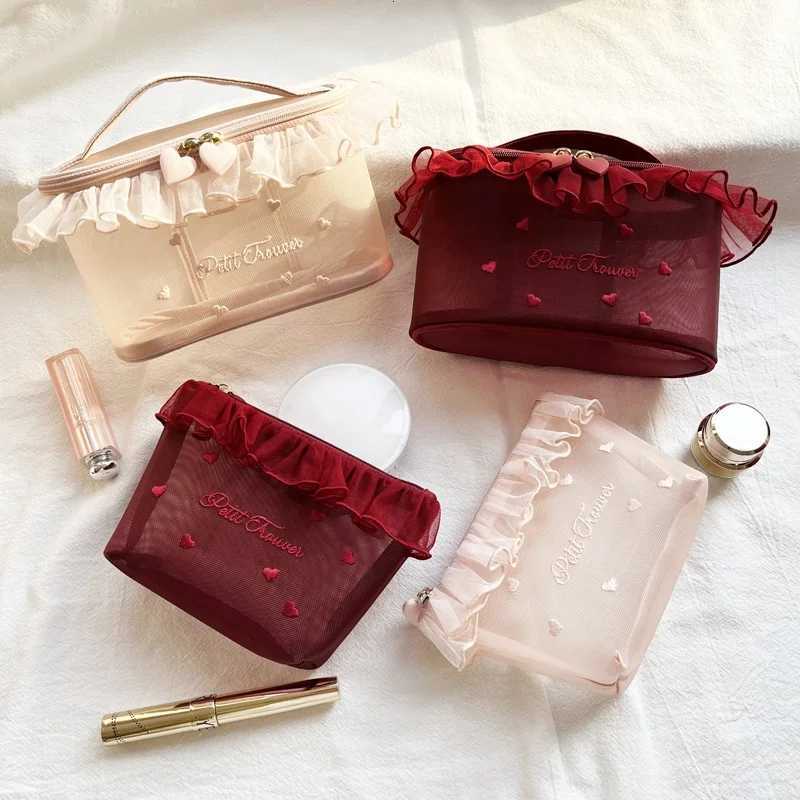 1Pc Ins Style Girl Mesh Love Embroidery Portable Makeup Bag Cute Tissue Pack Makeup Storage BagXJ250910