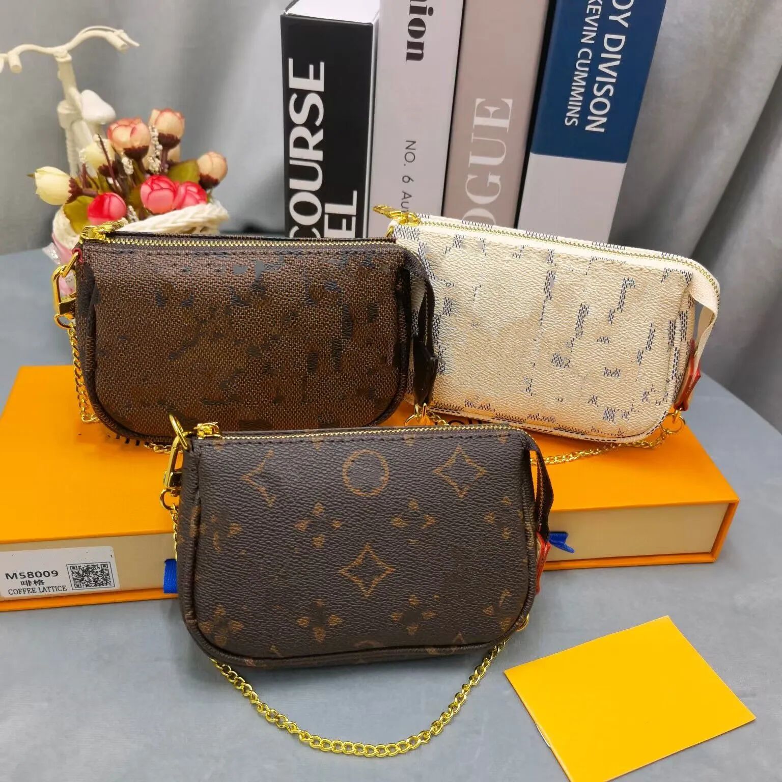 5A Quality Genuine Leather Shoulder Bags Mini M58009 POCHETTE ACCESSOIRES Iconic Womens CANVAS Pouch Evening Clutch Zippy Chain Wallet Coin Purse Phone Sling Bag