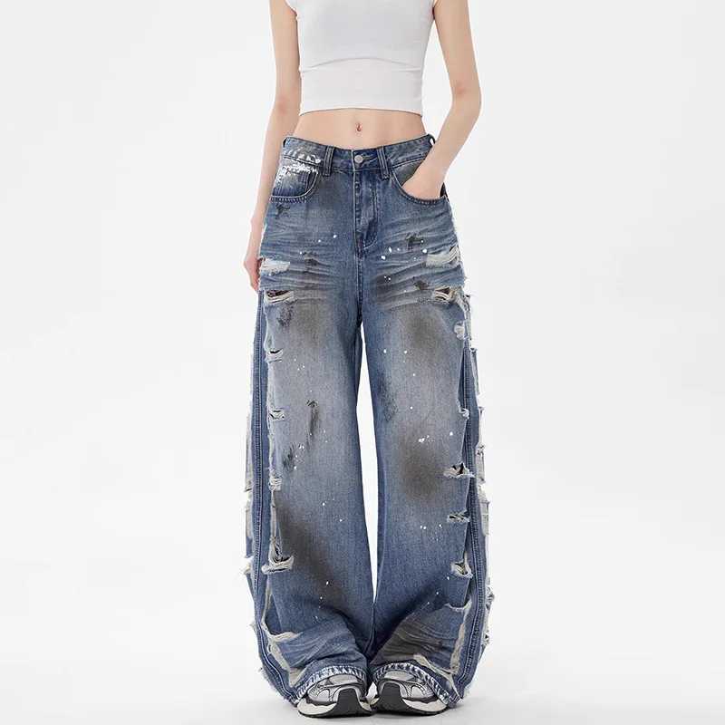 Loose Fit Wide Leg Distressed Denim Pants Women Vintage High Waist Ripped Jeans Light Wash Raw Hem Casual Y2K Street Fashion XL Z250910
