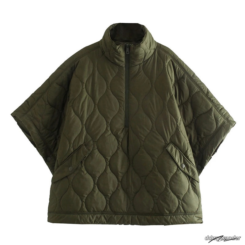 Cotton Padded Shawl Open Top Argyle Stand Collar Thick Zipper Warm Winter Womens Coat Raincoat Batwing Sleeves 241128 ddmywonder ddmywonder ddmywonder