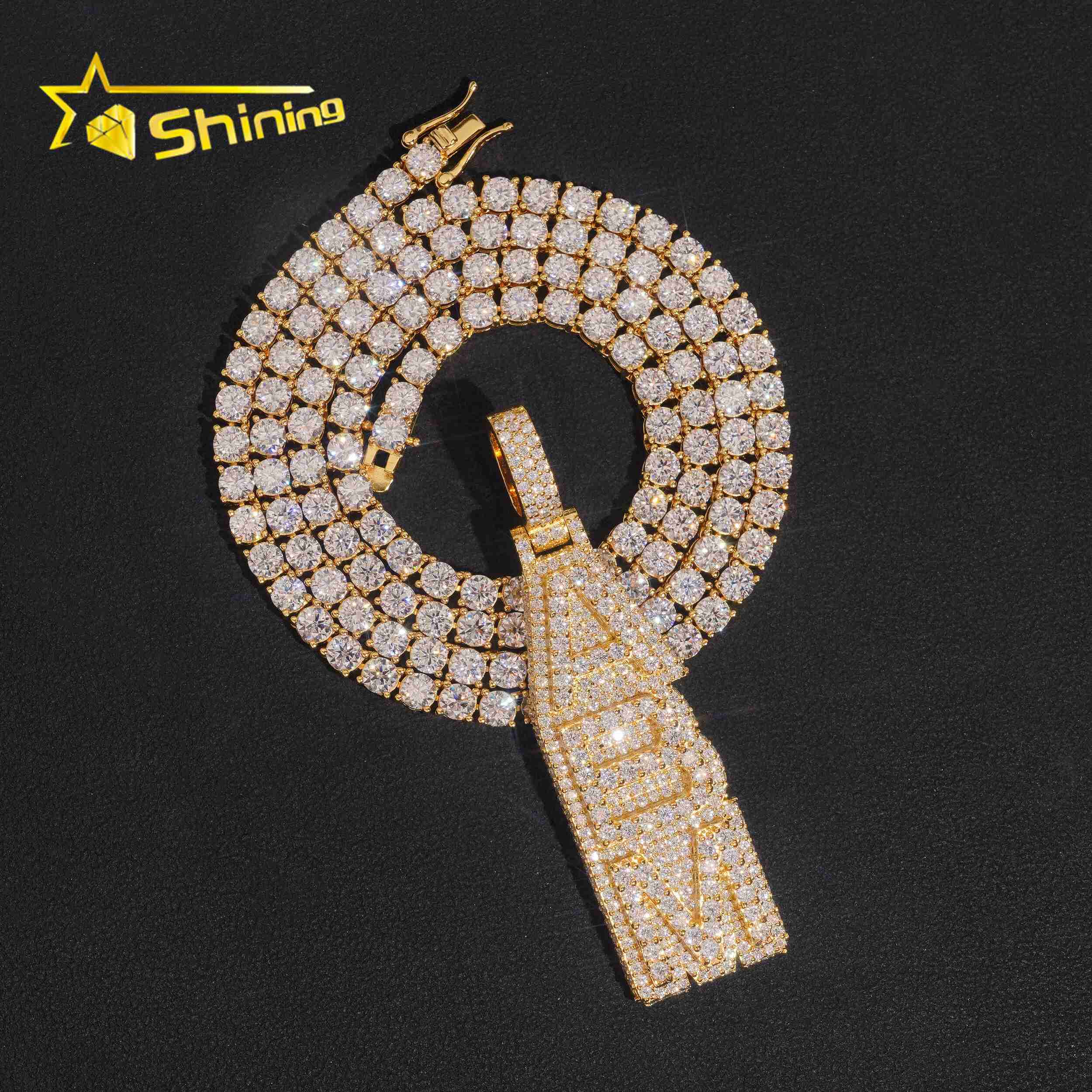 Iced Out Jewelry Moissanite Vertical Letter Initial Pendant 925 Silver Moissanite Diamond Pendant Custom Pendant