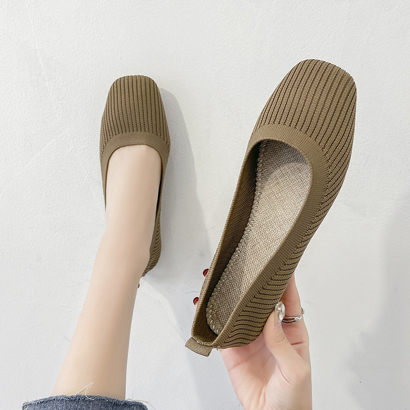 Designer single shoe women's flat shoes autumn new soft sole square toe shallow breathable slip on knitted grandma shoes women's casual shoe