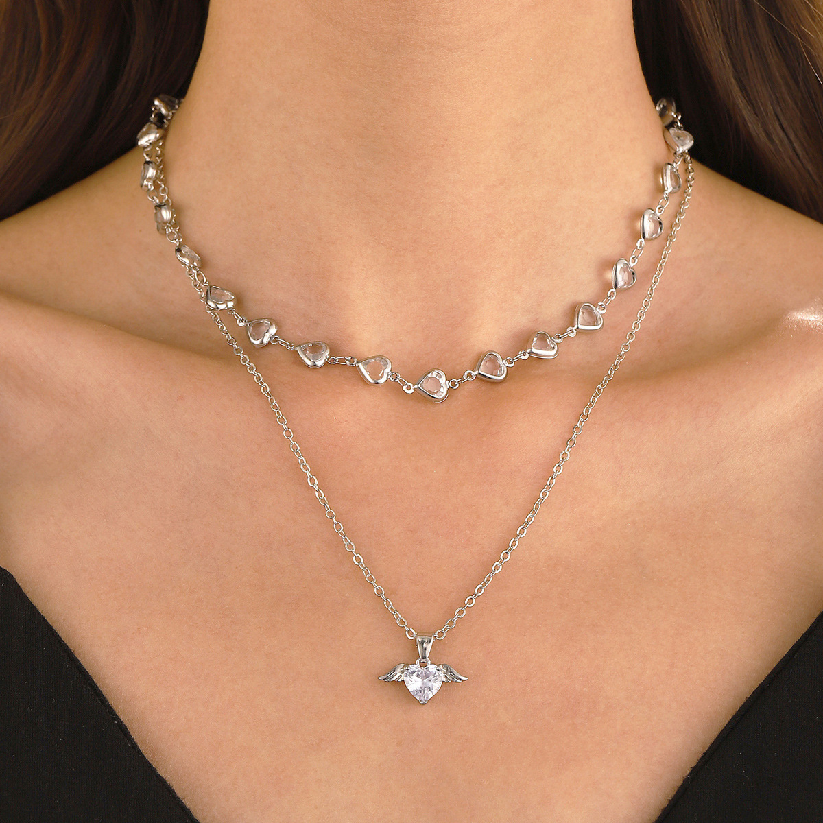 New Heart Wings Necklace For Women Ins Cool Style Creative Design Heart-Shaped Stacked Collarbone Chain