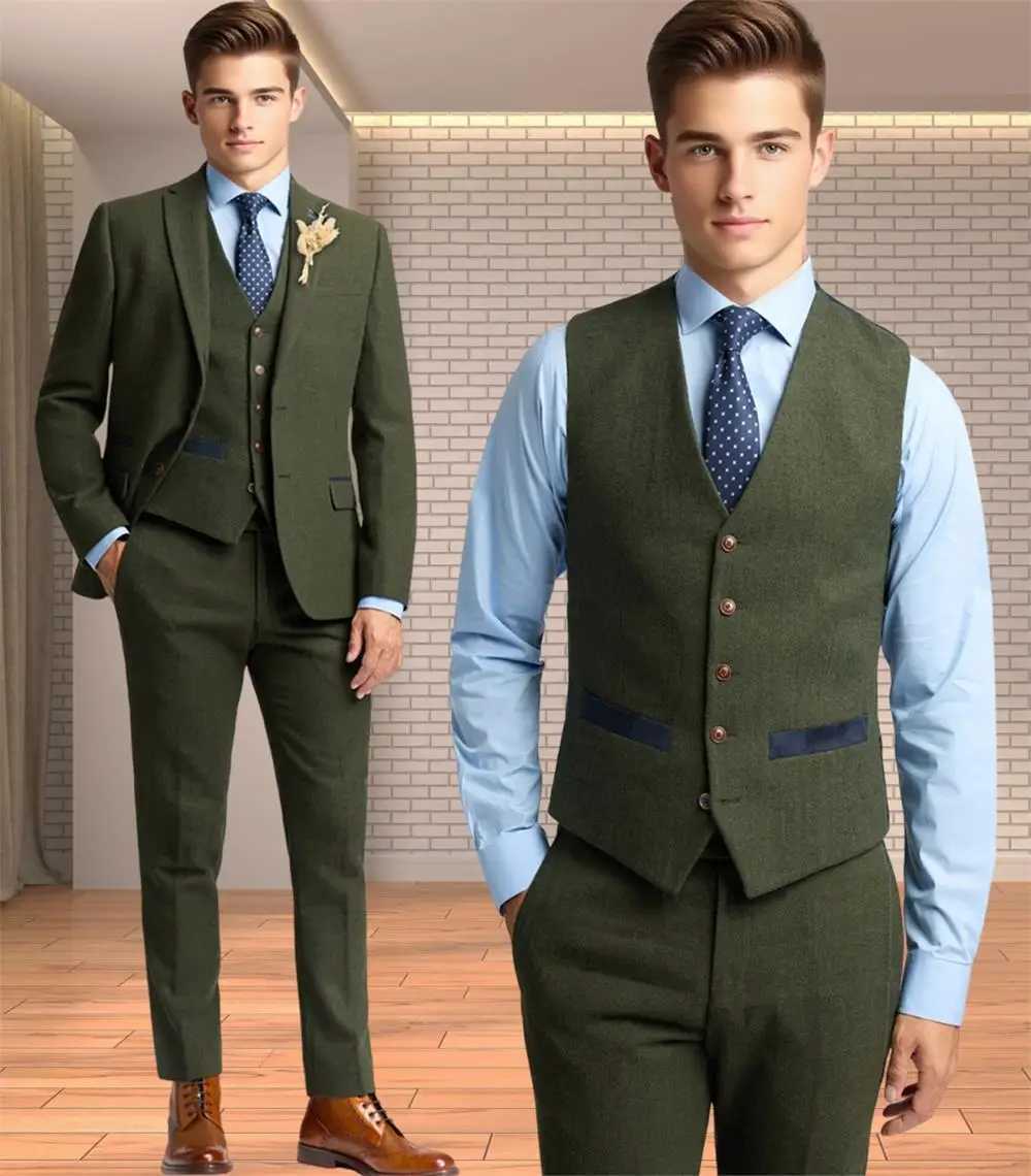 3pcs Suit Jacket Vest Pants Latest Mens AutumnWinter Set Herringbone Pattern Italian suit slim fit for Business Work W250910