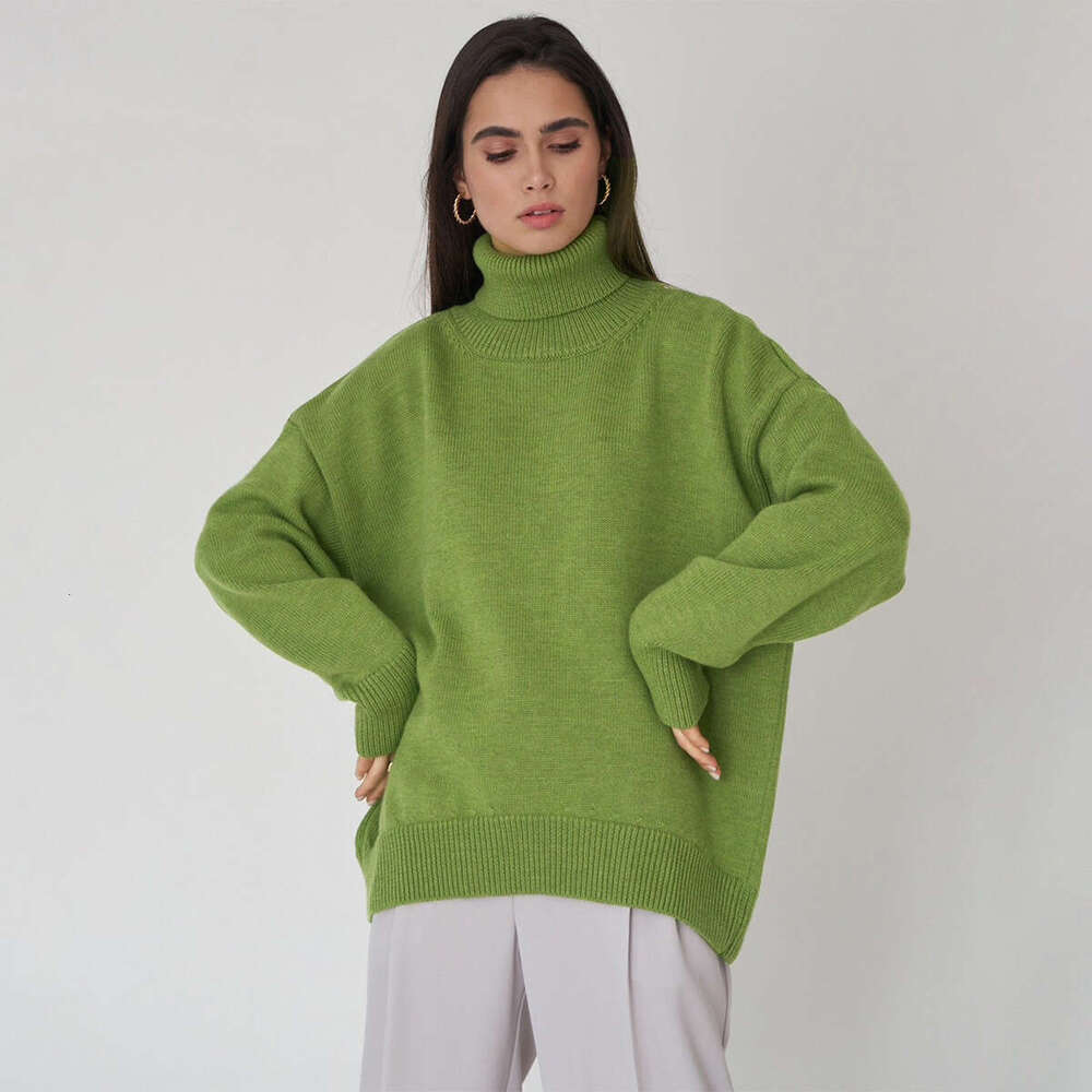 2025 European and American Autumn Winter Loose Knitted Pullover for Women, Solid Color Turtleneck Sweater